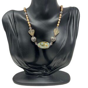 Faux Brown Pearl Necklace with Painted‎ Glass Beads Silver Tone Toggle Clasp
